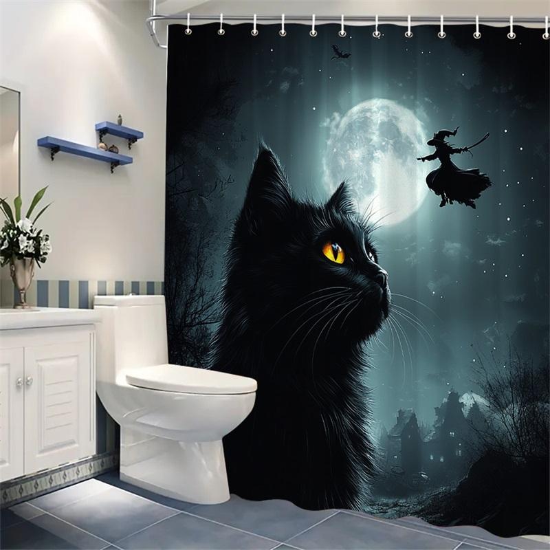 1 Black Cat And Full Moon Shower Curtain - Realistic Yellow-Eyed Cat And Witch Silhouette, Polyester Fabric, Machine Washable