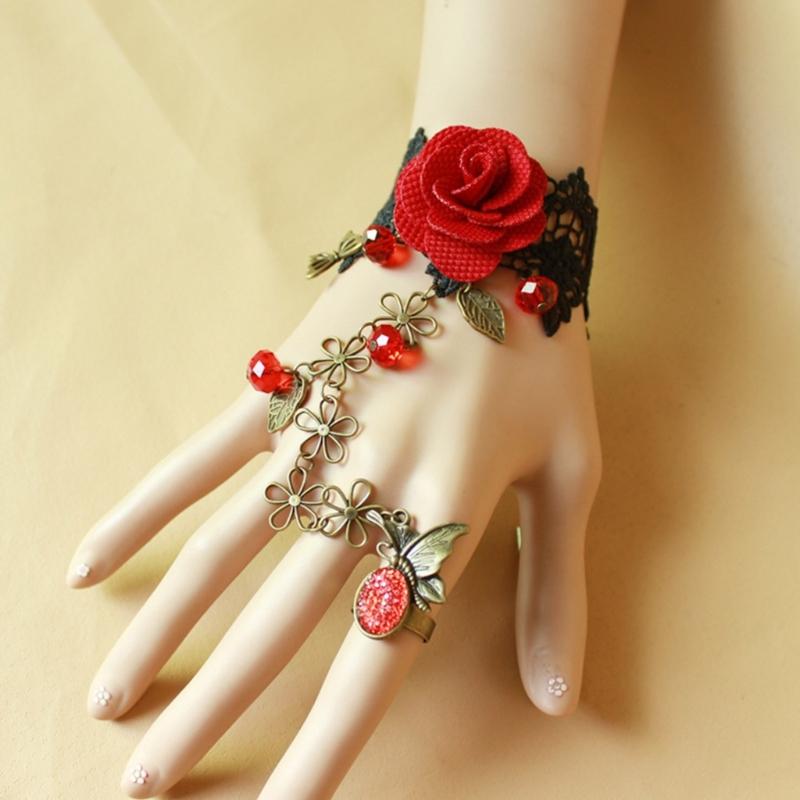Rose Black Lace Hand Chain Ring Bracelet Chain Crystal Bead Finger Bracelet Sweet Hand Jewelry for Women and Girls Gifts
