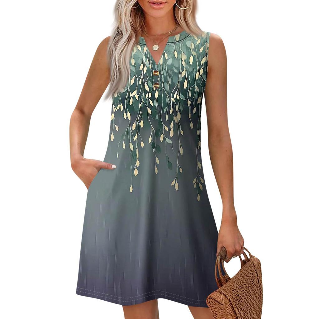 Dámská móda Ležérní potištěné V-neck knoflíky s kapsou Vesta Bez rukávů Šaty