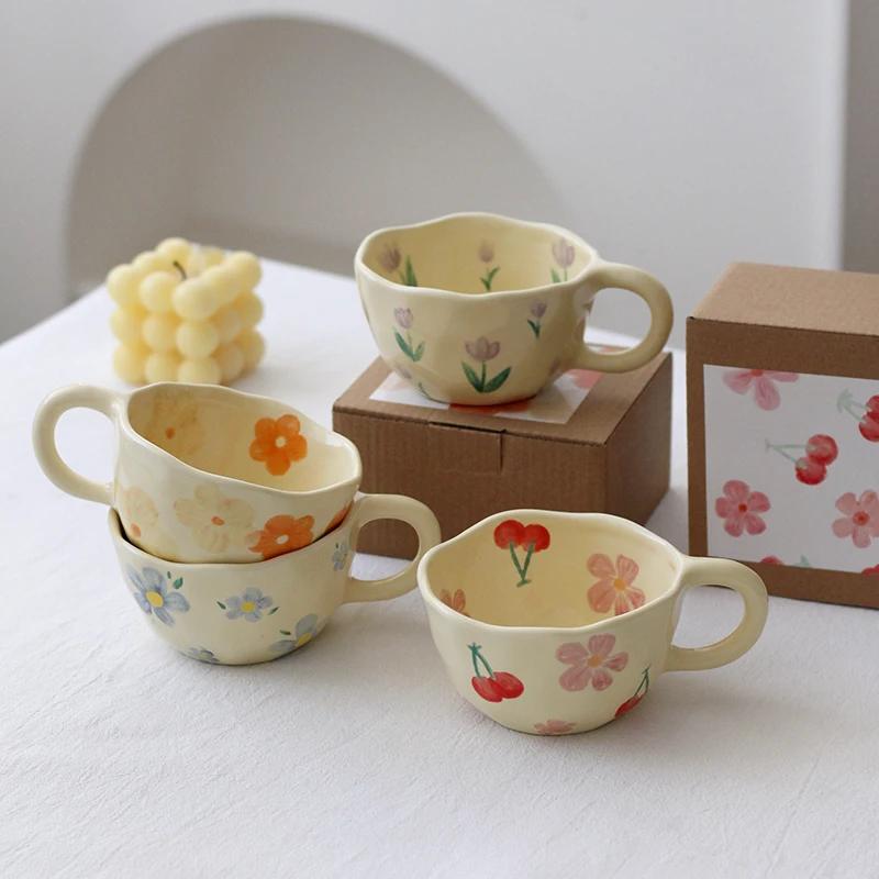 Creative Hand Pinched Irregular Flower Coffee Mugs with Handle Korean Style Ceramic Mug Breakfast Oatmeal Milk Tea Cup Drinkware