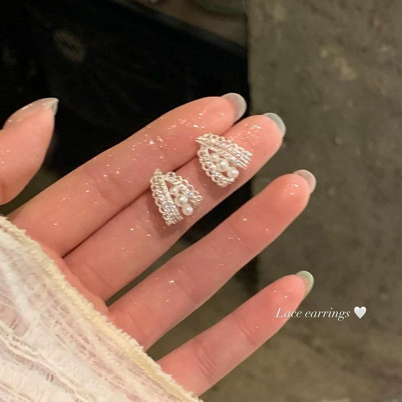 Pearl Zircon Lace Earrings Light Luxury High-end Temperament Earrings Niche Versatile Fashion Earrings Women