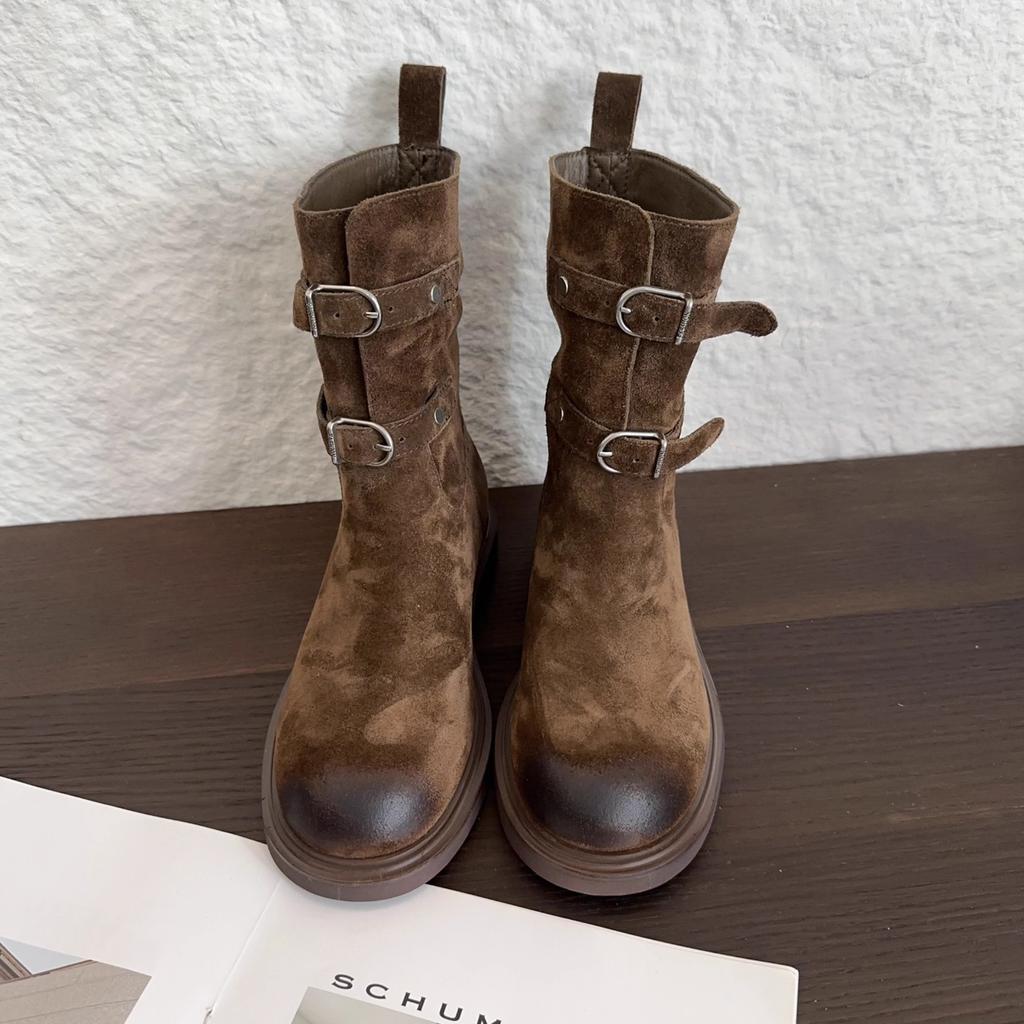 Sheepskin Version~ Retro Belt Buckle Wasteland Western Cowboy Boots Round Head Polished Short Boots Women's Thick-soled Knight Boots