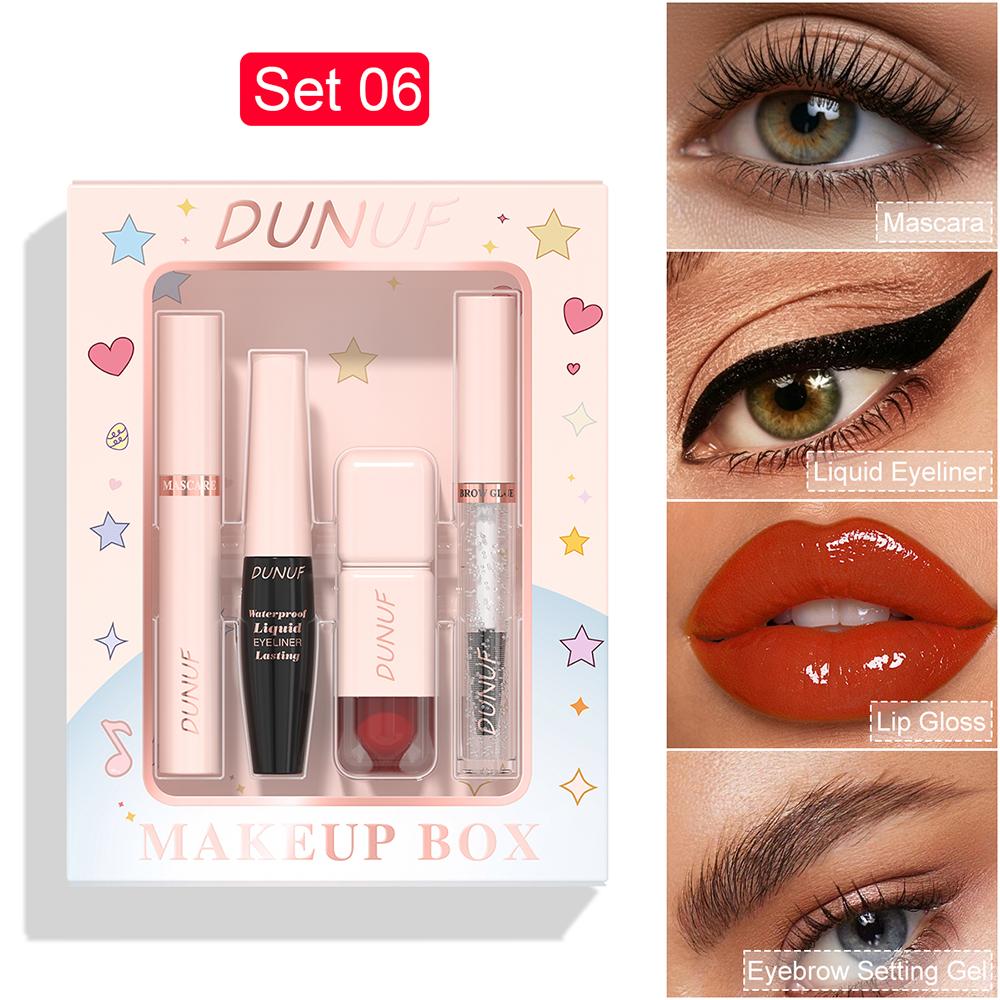 DUNUF 4-in-1 Professional Makeup Box - Mascara, Waterproof Eyeliner, Lip Gloss & Brow Gel, 12 Colors Available