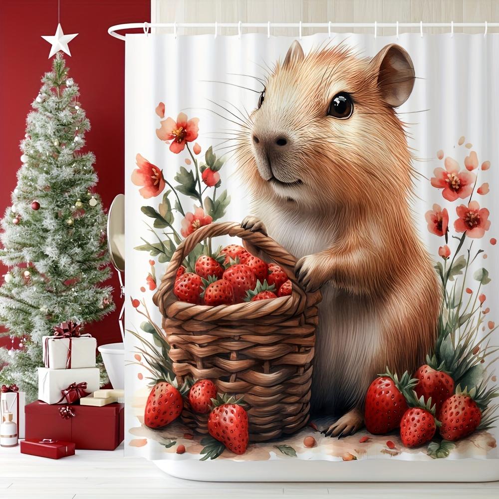 

Charming Hamster Shower Curtain - Adorable Animal With Strawberries Design, Waterproof Fabric For Bathroom Decor, Perfect Gift W60H190(CM)-1 Pcs