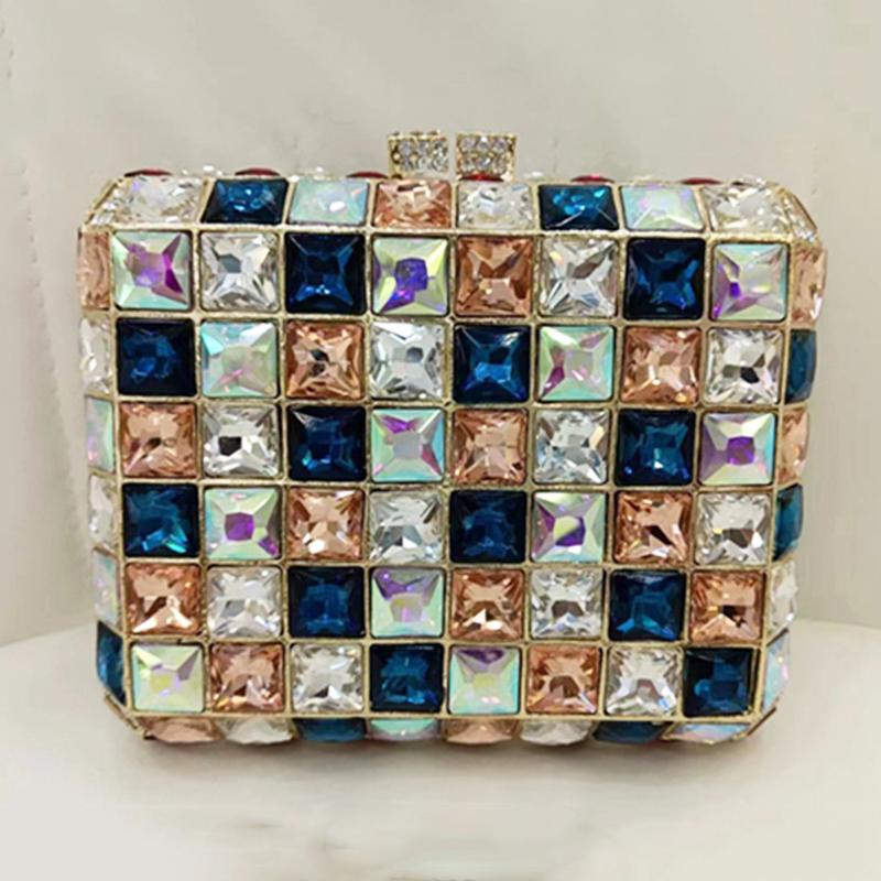 

Glass Women Evening Clutches Multicolored Rhinestone Bag Blue White Party Dinner Purses White /Blue Crystal Wedding Handbags 13.5cmX13cmX5.5cm