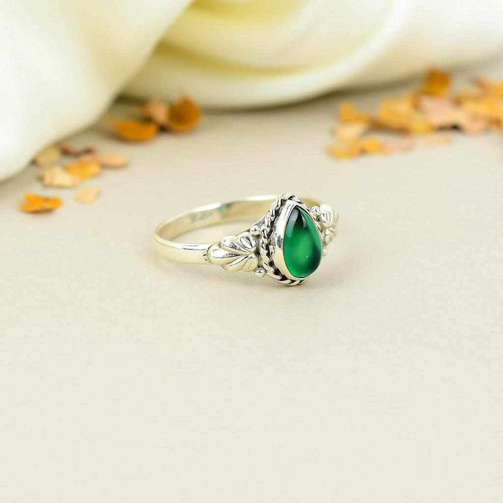 Green Onyx 925 Sterling Silver Pear Gemstone Green Stone Handmade Jewelry Ring For Women