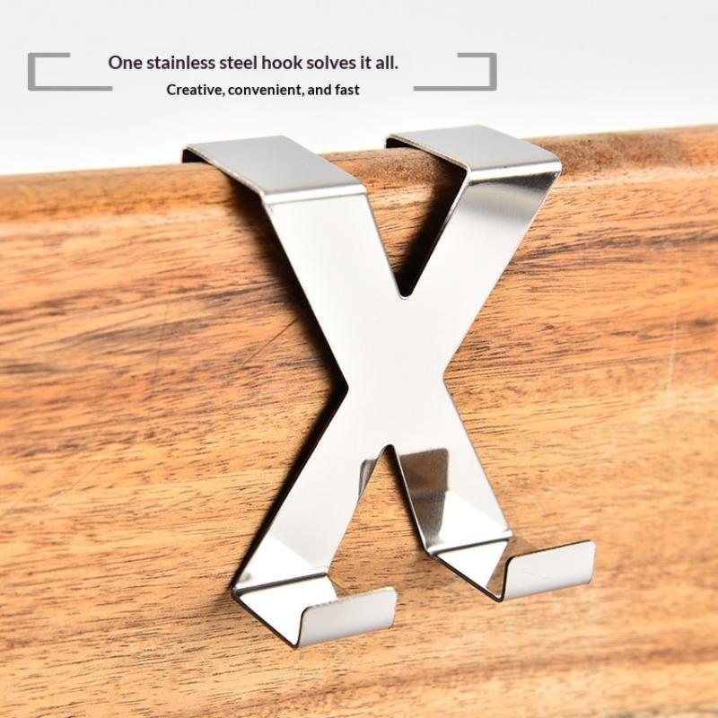 X-Shaped Bathroom Over Cabinet Hook Stainless Steel No Drill Hanger for Kitchen Home Coat Towel Organizer