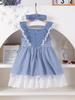 Kids Girls Sleeveless Gingham Stripe Dress 2Pcs Set, Lace Ruffle Dress With Bow + Matching Headband