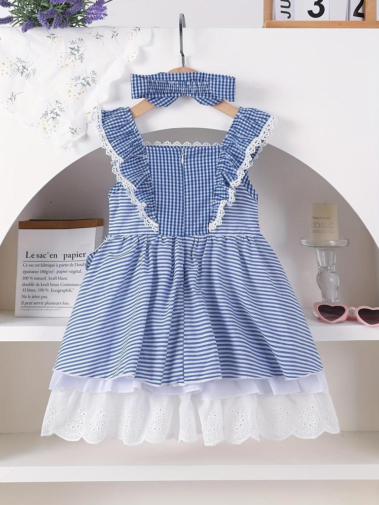 Kids Girls Sleeveless Gingham Stripe Dress 2Pcs Set, Lace Ruffle Dress With Bow + Matching Headband
