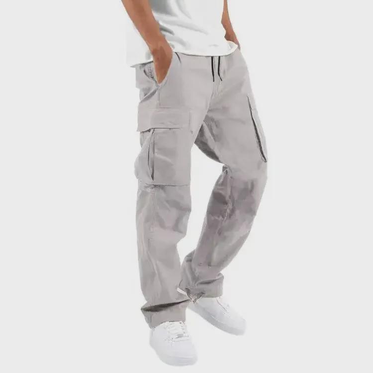 Men's Straight Casual Multi-Pocket Overalls for Spring and Autumn with Drawstring.