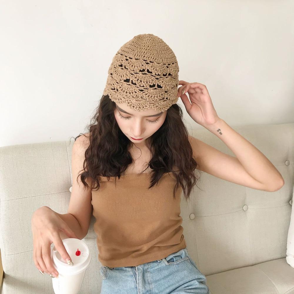 Retro Handmade Flower Crochet Hat Casual Melon Leather Mesh Cap Hand-crocheted Pullover Hat Female