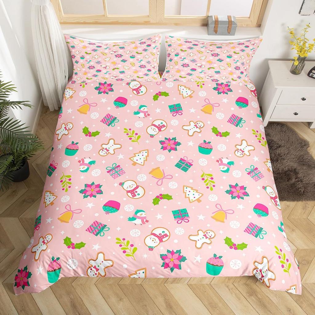 Cartoon Snowman Pink Polka Dots Three-Piece Quilt Cover Digital Printing Bedding Set Bed Cover