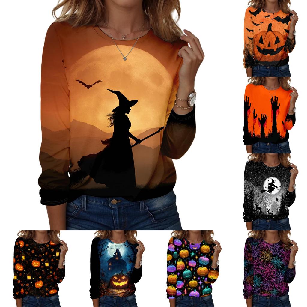 Women's Halloween Print Pullover Sweatshirt Long Sleeve Crew Neck Casual Top Lightweight Soft Fabric Comfortable Fit