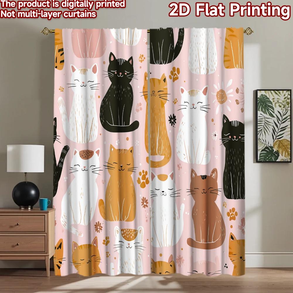 2D flat printing 2pcs Curtain Cute Cats Cute Cats Digital Printed Polyester Drapes Party Decorations Use for Indoor Celebrations