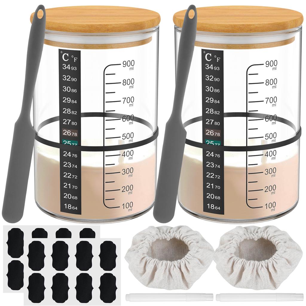 900ML Dough Starter Jar Kit Sourdough Fermentation Container Clear Glass Sourdough Starter Cups with Lids and Scraper for Baking