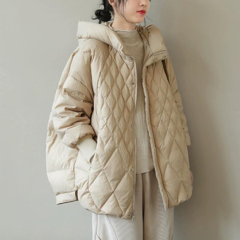 Herbst und Winter Damen Daunenjacke Übergröße Kurzer Mantel Locker Warm Lässig Oberbekleidung Top Kapuze Rautenmuster Weiße Entendaunenjacke