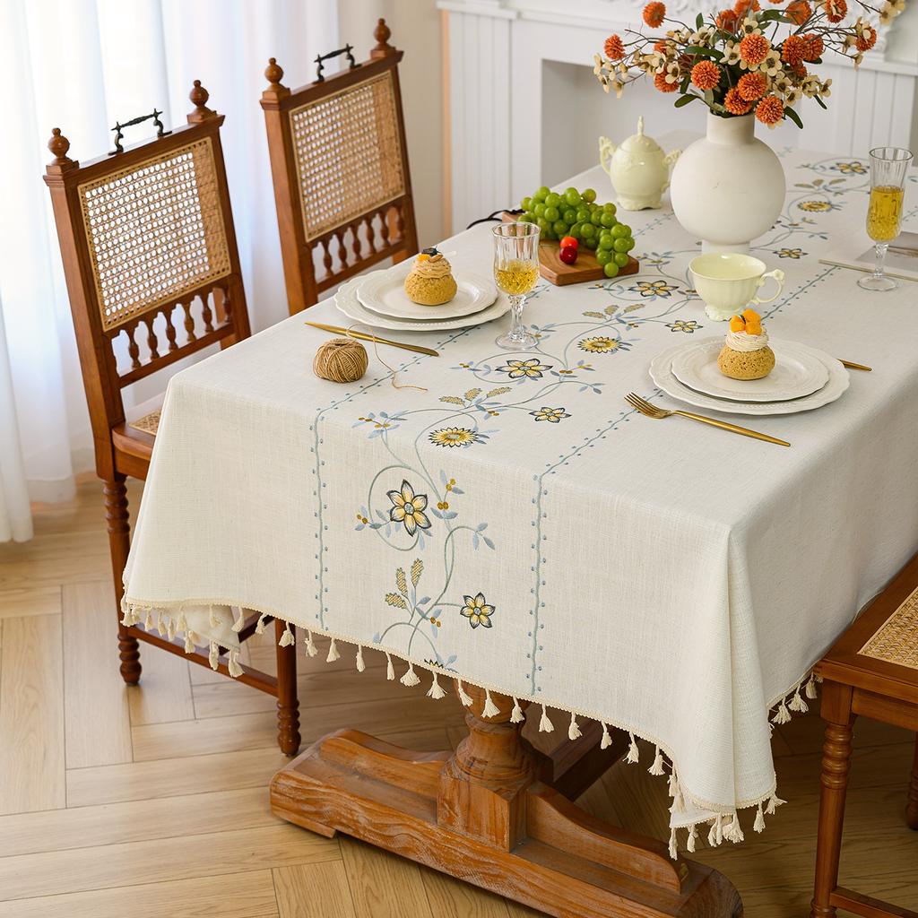 Embroidered Waterproof Linen Tablecloth Rectangle Elegant Dining Table Cover Tea Table Cloth