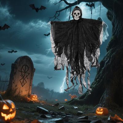 Décoration d'Halloween Squelette Faucheur Effrayant Fantôme Crâne Suspendu pour Extérieur Cour Porche Décoration de Fête Maison Hantée