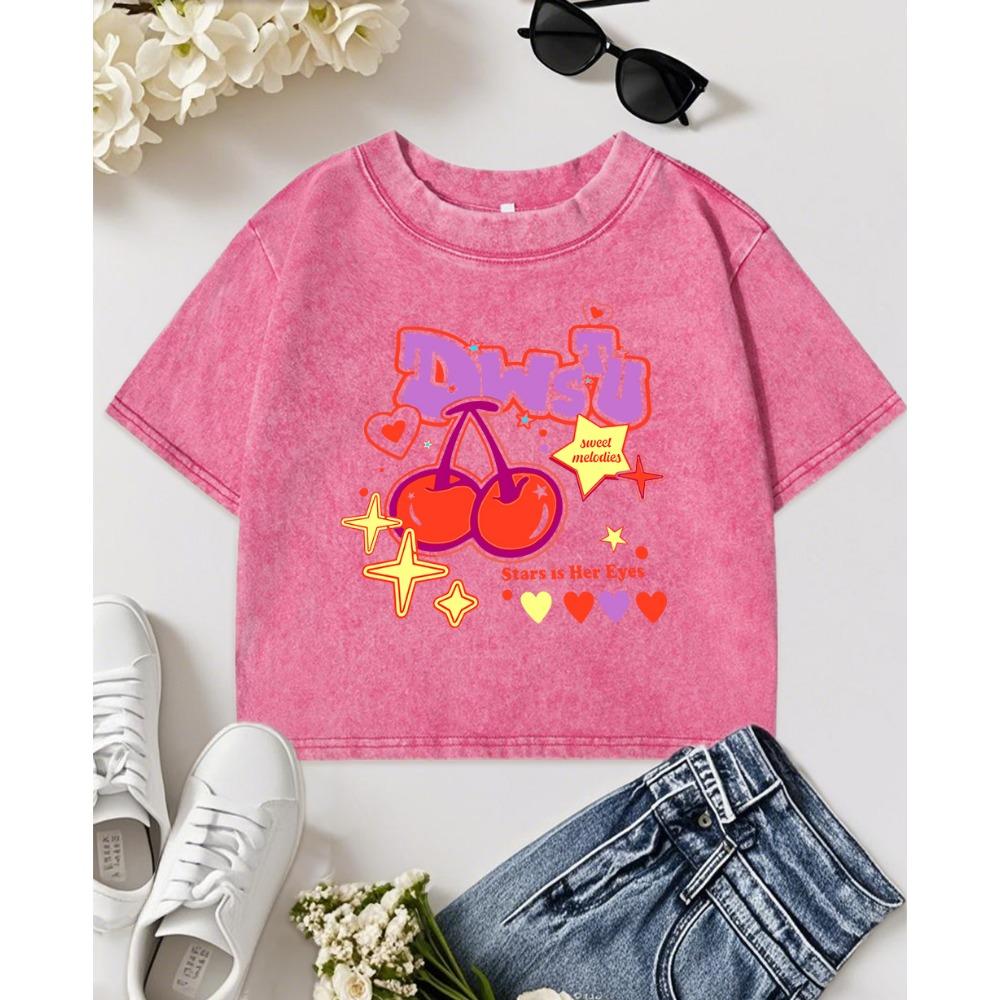 

Dwstu Сладкая вишня Фруктовая звезда Принт любви Выстиранная футболка Женская Хлопковая Удобная Футболка Уличная одежда Y2K Топ M