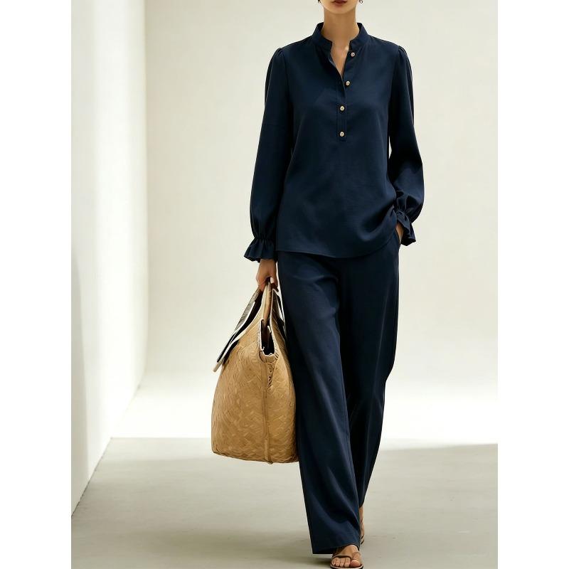 TIFICY Women's Fashion Casual Spring Autumn Solid Color Print Long Sleeve Stand-Neck Trousers Pants Suits