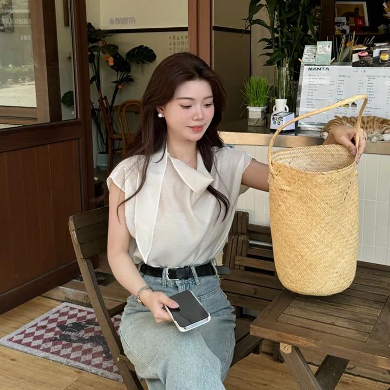 

Women White Sleeveless Blouse Scarf Collar Loose Casual Lightweight Summer Office Top S білий