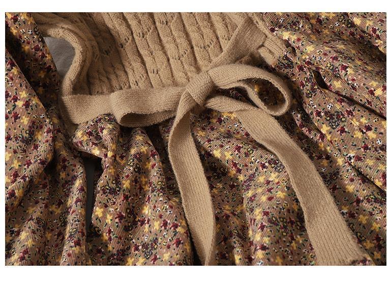Spring Knitted Long Dress Versatile Corduroy Floral Dress For Women