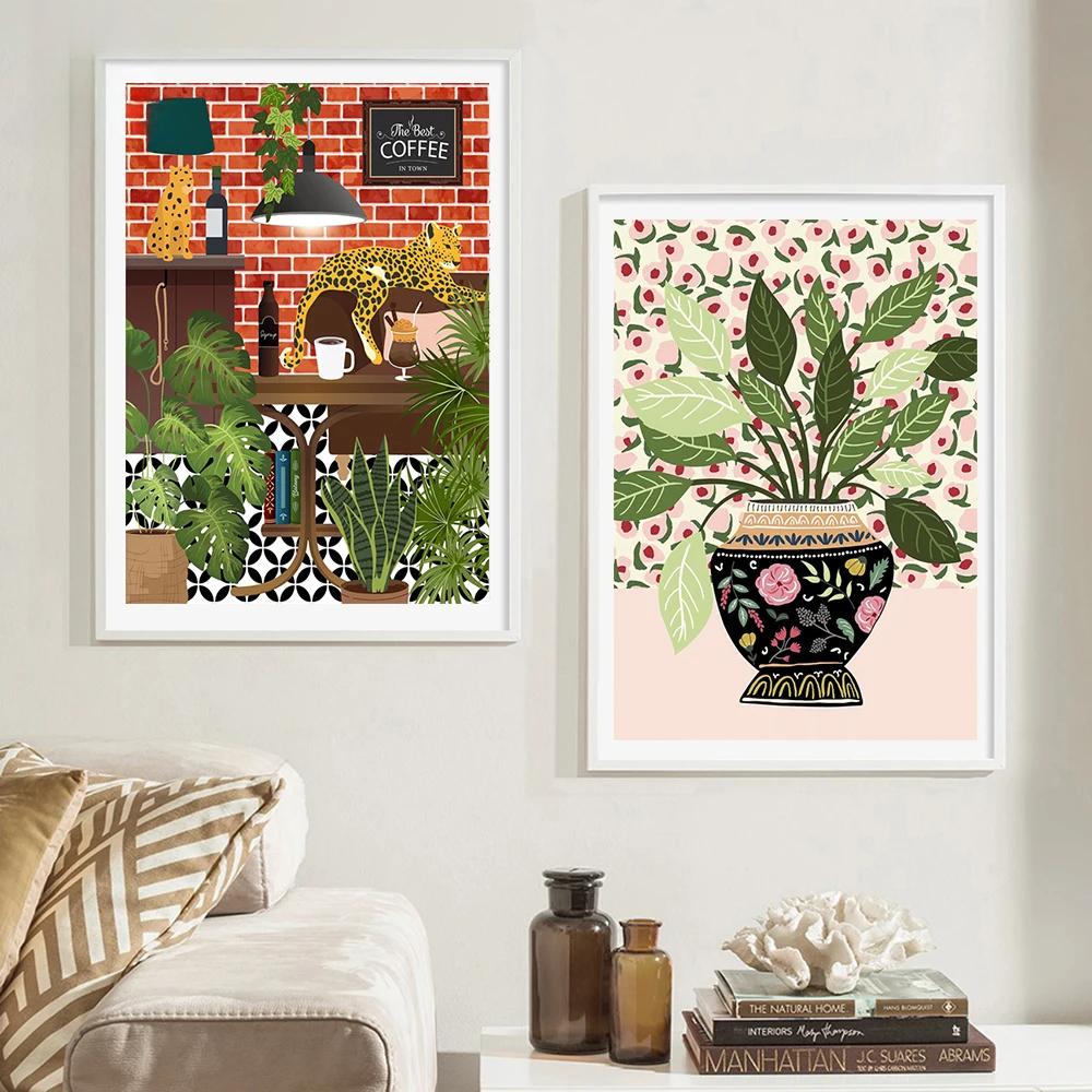 Abstract Tropical Plant Flower Black Cat Posters Boho Wall Art Canvas Paintings Prints Wall Pictures For Living Room Decor