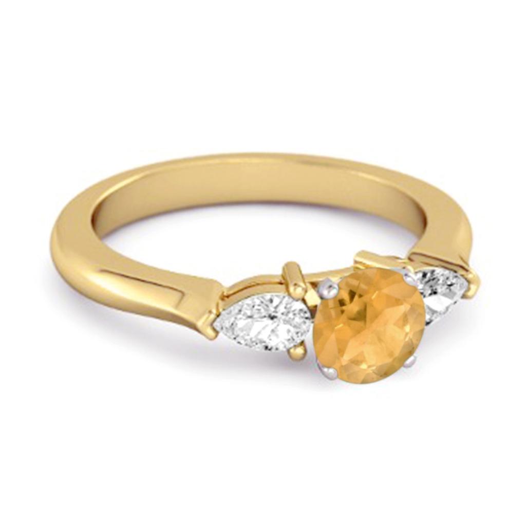 Citrin Tropfen Weiß Akzent Trio Design Ring - 925 Sterling Silber Vergoldet