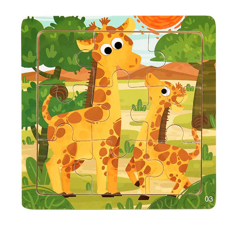 

New 9Piece Small Wooden Puzzle Cartoon Animal Vehicle 11x11cm Wood 3d Puzzle Montessori Educational Toys For Kids Gifts жирафовый