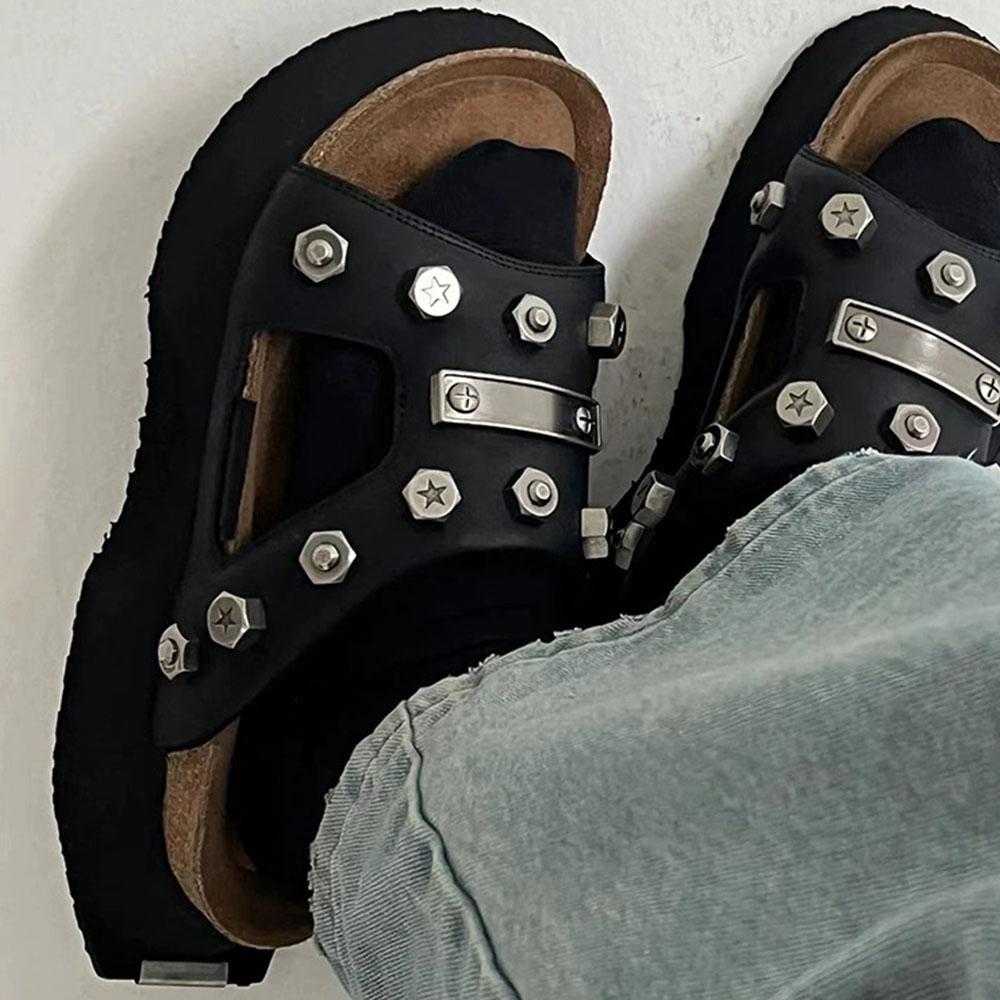 Punk Chunky Heels Mule Slipper Sandals For Women Rivet Platform Slide Sandals Open Toe Summer Street Motorcycle Sandals Shoes