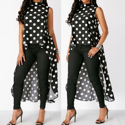 Womens Fashion Casual Sleeveless Polka Dot Black High Low Chiffon Blouse Tops