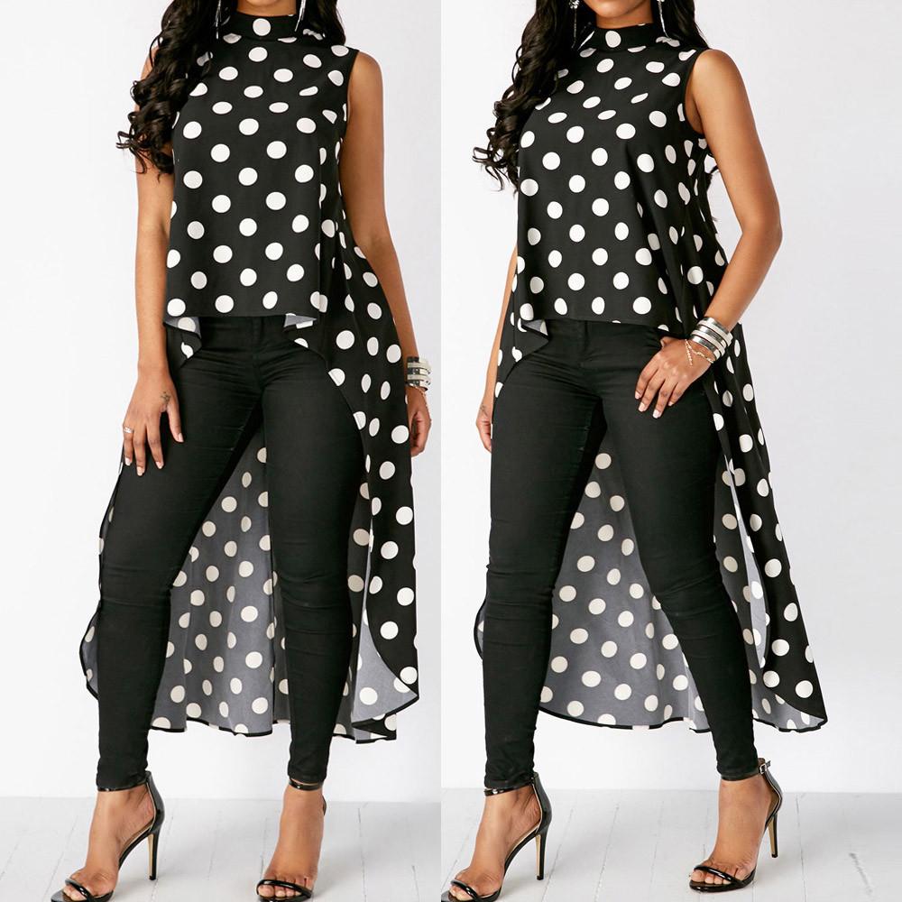 

Женская мода Повседневная безрукавки Горошек Черный Высокий Низкий Шифон Блузка Топы