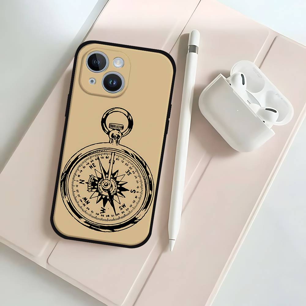 Fashion Vintage Compass Black Phone Case That Fits For IPhone 17,16,15,11,13,14 Pro Max,Plus,X,Xr,Xs Max,13Mini