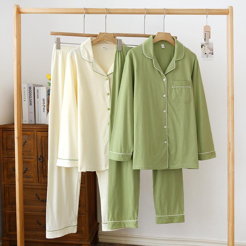 Women's Plus Size Knit Cotton Cardigan Pajama Set - Long Sleeve, Soft Homewear for Spring and Autumn