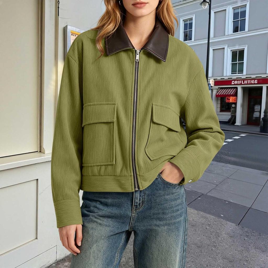 Women Corduroy Jacket with Faux Leather Collar Full Zip Front Long Sleeve Casual Outerwear with Front Flap Pockets