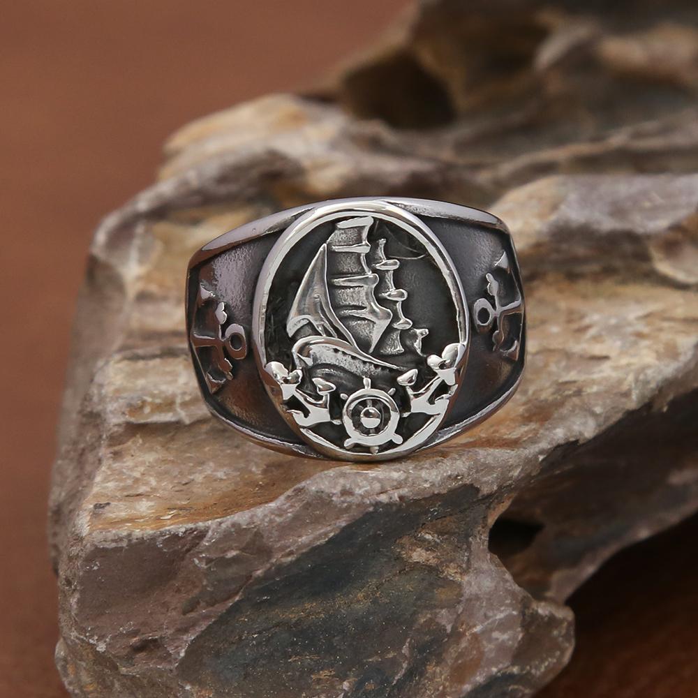 Moda Vintage Nórdico Veleiro Pirata Anel Masculino Aço Inoxidável 316L Anéis Viking Bússola Amuleto Biker Joia Presente