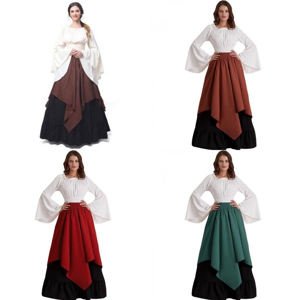 Europäisches Mittelalterliches Damen Halloween Cosplay Kleid Renaissance-Zeit Kostüm Zweiteiliges Set Blau Rot Grün Braun
