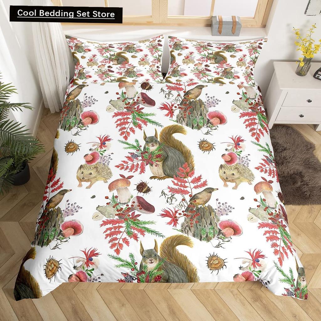 3D Squirrel King Queen Duvet Cover Soft Wildlife Green Leaves Bedding Set for Kids Teens Adults 2 3pcs