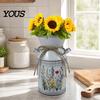 Rose Display Bucket Vintage Iron Flower Bucket, Rustic White Double-Handle Metal Vase with Floral Print & Jute Artificial Bow, Farmhouse