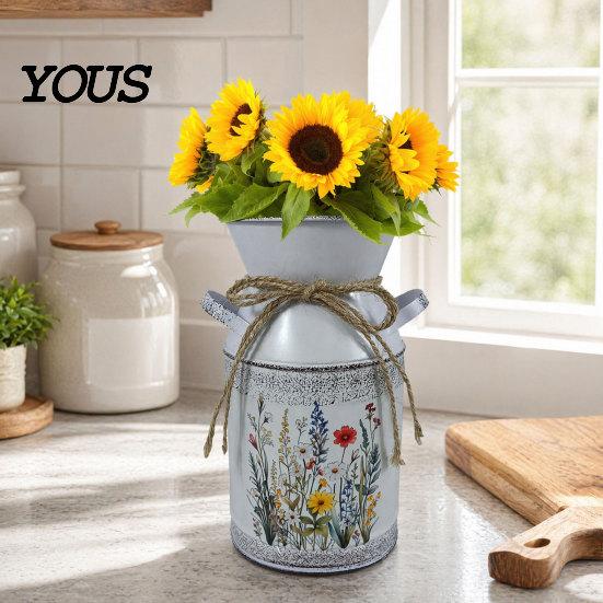 Rose Display Bucket Vintage Iron Flower Bucket, Rustic White Double-Handle Metal Vase with Floral Print & Jute Artificial Bow, Farmhouse