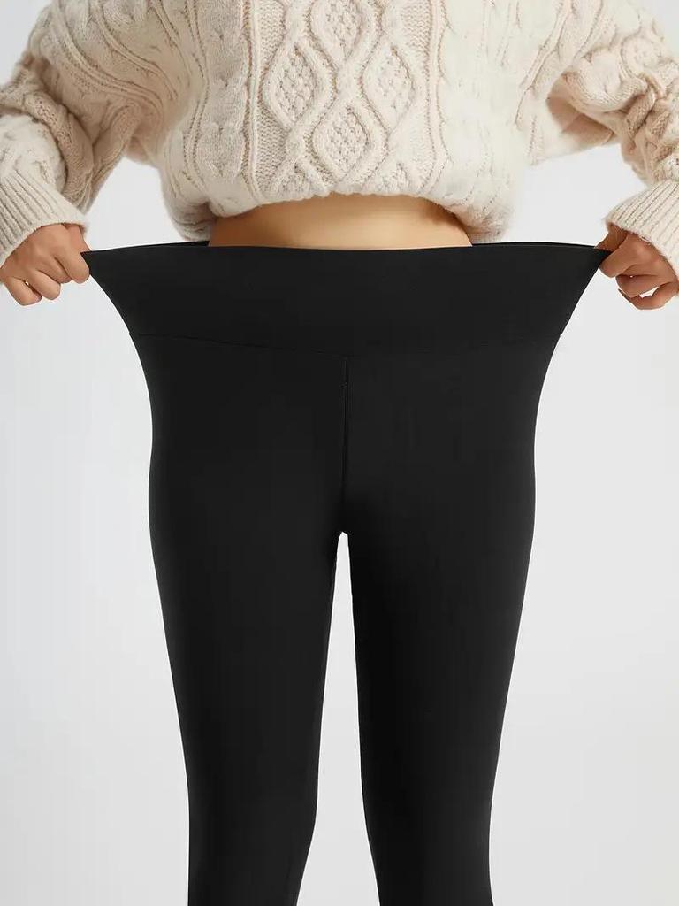 Women's High-Waisted Plus Velvet Warm Leggings - Thick Winter, Elastic Waistband, Tummy Control, Solid Color