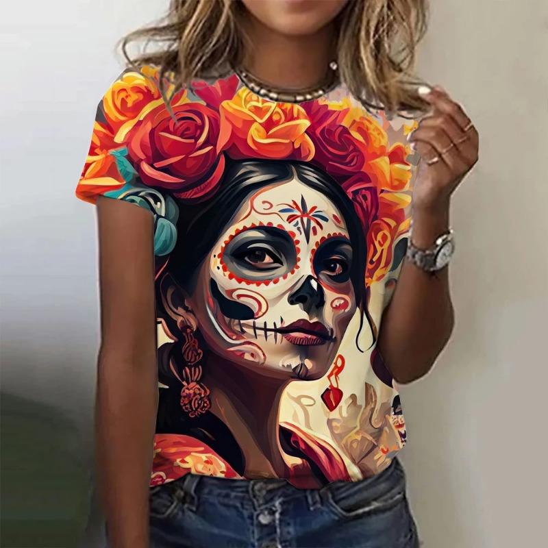 Damen T-Shirt für Mädchen Sommer Kurzarm Lässig Mode Sexy Mädchen Kleidung Horror Untote Schädel Muster Übergroße T-Shirts