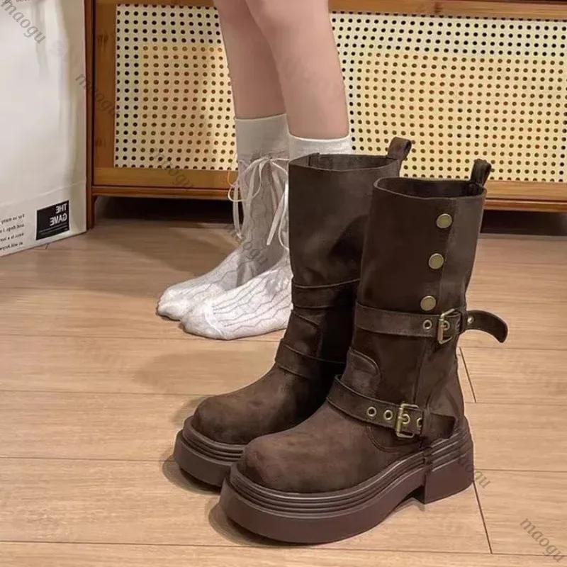 Designer Shoes Woman Buckle Knight Boots for Women Fashion New Faux Suede Mid-calf Botas Slip-On Thick Heel Platform Booties