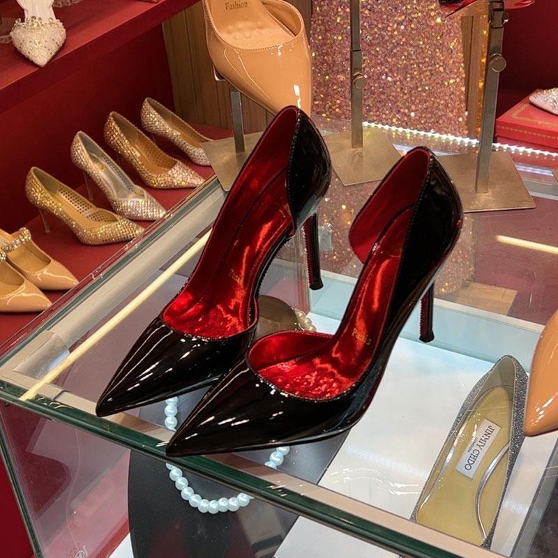 Red-soled High-heeled Shoes for Women's 2025 New Patent Leather Color-sensitive Side Empty Pointed Thin Heel Non-slip Light-mouth Women's Single Shoes