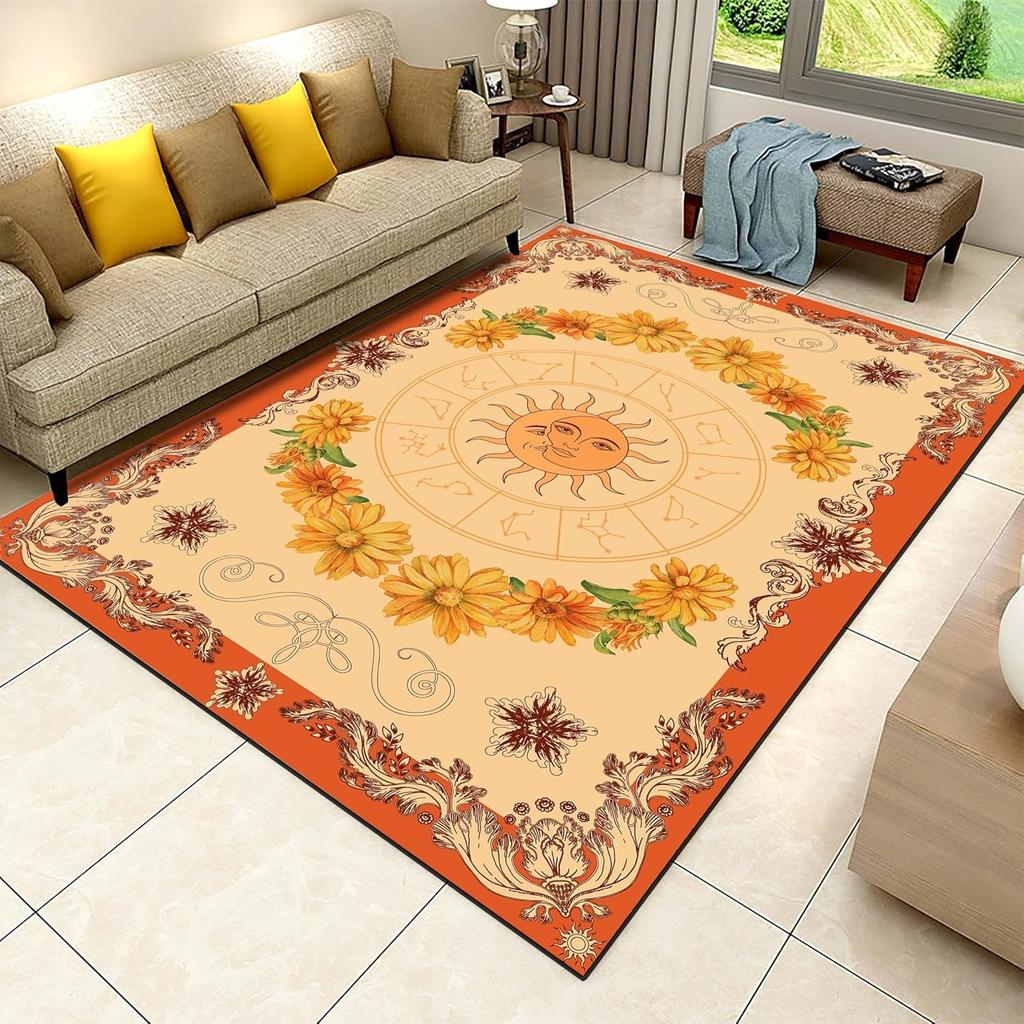Black Celestial Moon and Stars Pattern Area Rug Phases of The Moon Decor Carpet Modern Astronomy Themed Non-Slip Living Room Rug