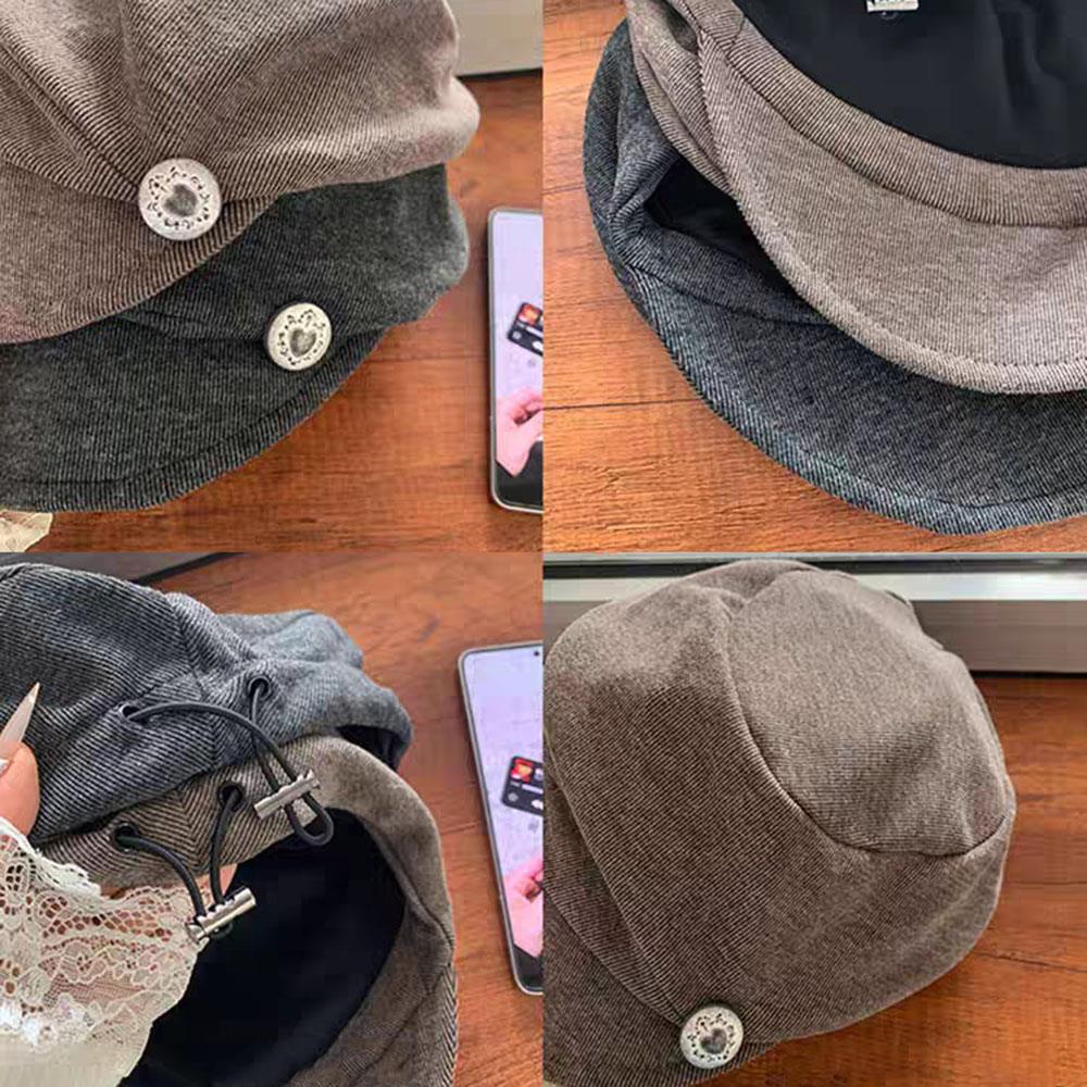 Japanese Style Ruched Button Octagonal Hat Vintage Beret Hat Women Elegant Artist Beret Autumn Winter Casual Brown Peaked Cap