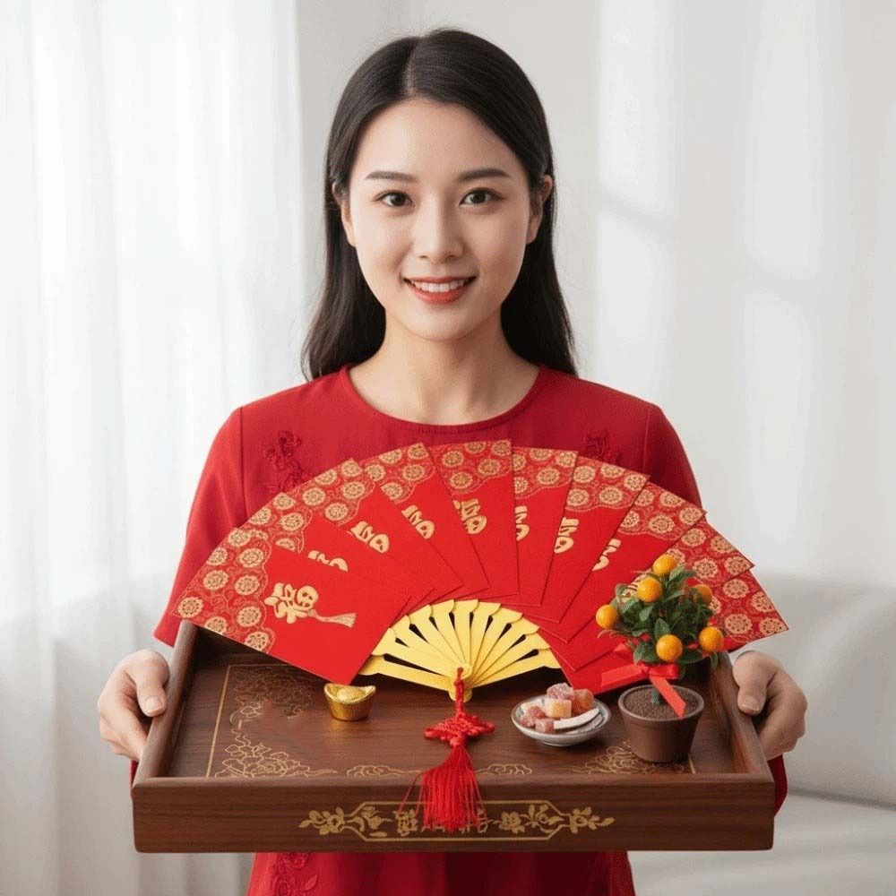 Traditional Fan Design Red Envelope with Chinese Knot Tassel Children's Money Bag 10 Cards Thickened Lucky Money Packet Gift