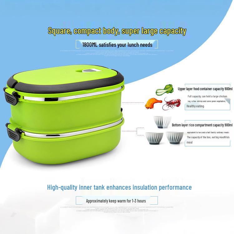 Doppelschichtige isolierte Edelstahl-Bento-Box - Rechteckige Lunchbox mit großem Fassungsvermögen für Studenten