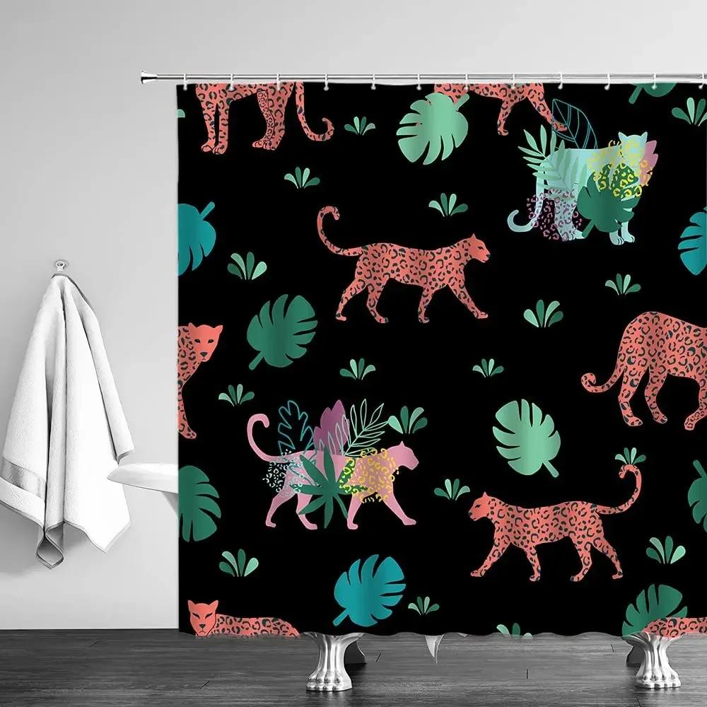 Leopard Shower Curtains Tropical Jungle Wildlife Cheetah Tiger Plant Green Palm Banana Leaves Monstera Watercolor Bathroom Decor