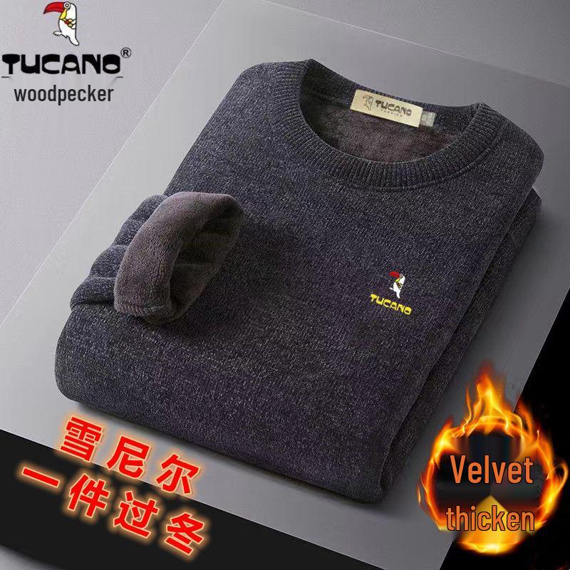 Men s Winter Chenille Sweater - Thick Velvet, Embroidered Knit, Solid Color, Warm Round Neck Hoodie XL (130-150 lbs)